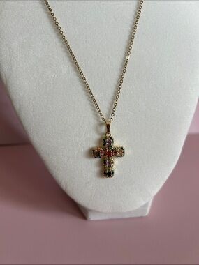 Gold Plated Multicolor Crystal Cubic Zirconia Cross Charm Pendant Necklace